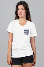 Load image into Gallery viewer, Women&#39;s White S/S T-shirt || Blue Flower-Power Pocket