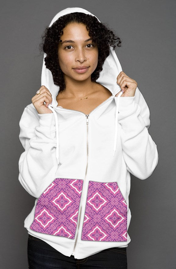 White Kangaroo Pocket Zip Hoodie || Pink Pocket