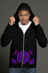 Black Zip Hoodie || Flower-Power Print Kangaroo Pocket Print