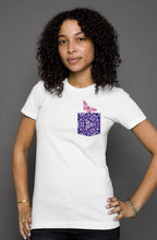 Load image into Gallery viewer, Women&#39;s White S/S T-shirt || Purple-P Pocket w/ Butterfly