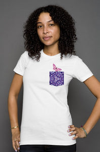 Women's White S/S T-shirt || Purple-P Pocket w/ Butterfly